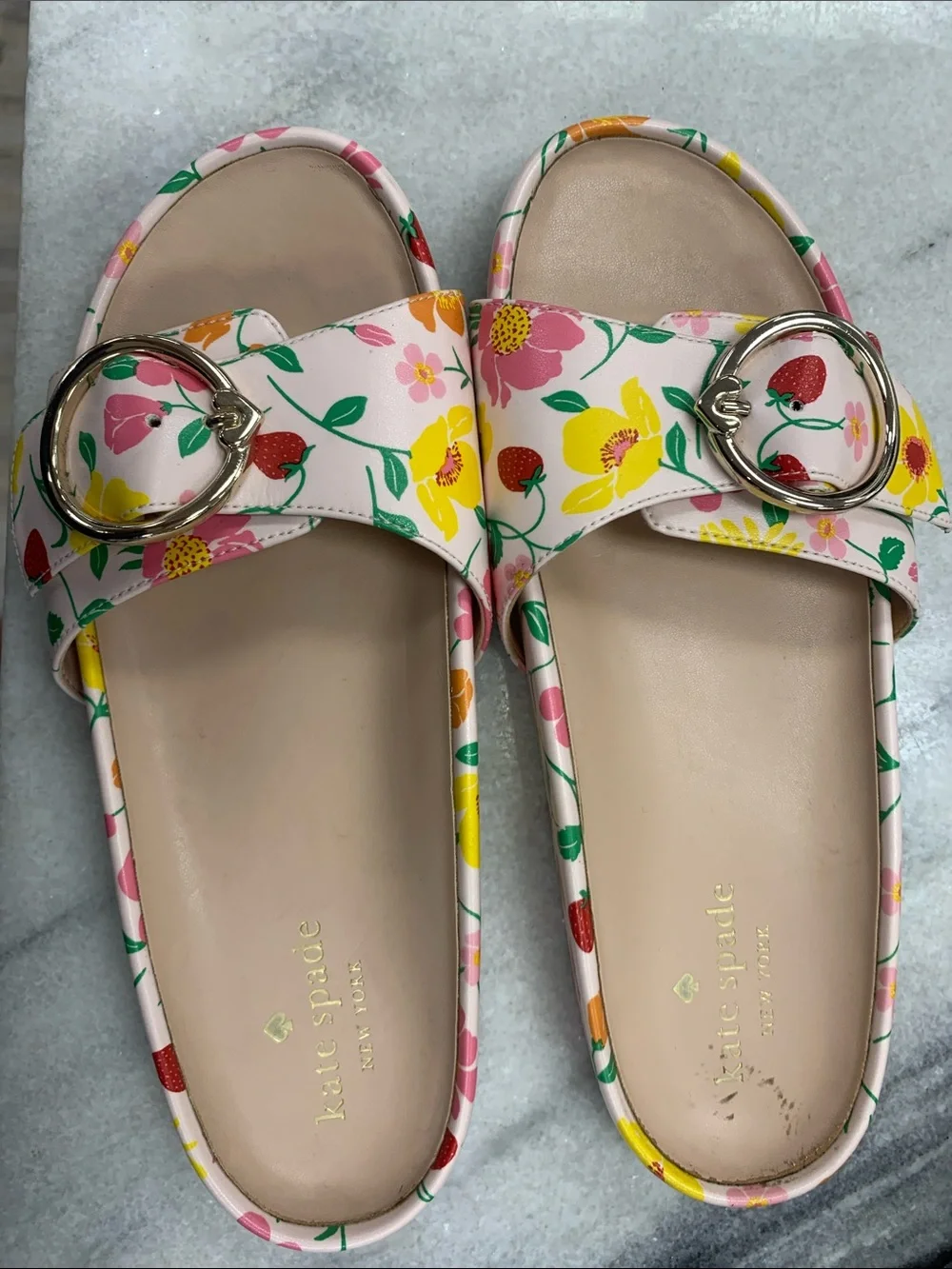 kate spade White Floral Buckle Slide Sandals
